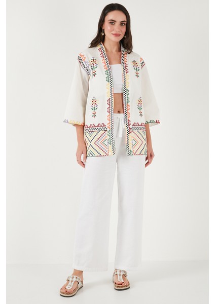 Nakış Işlemeli Pamuklu Oversize Fit Truvakar Kol Kimono Bayan Kimono 676272
