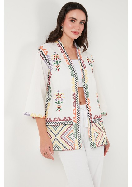 Nakış Işlemeli Pamuklu Oversize Fit Truvakar Kol Kimono Bayan Kimono 676272