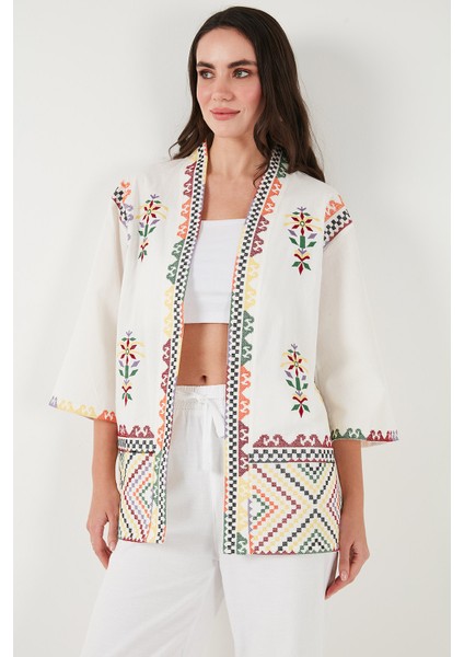 Nakış Işlemeli Pamuklu Oversize Fit Truvakar Kol Kimono Bayan Kimono 676272