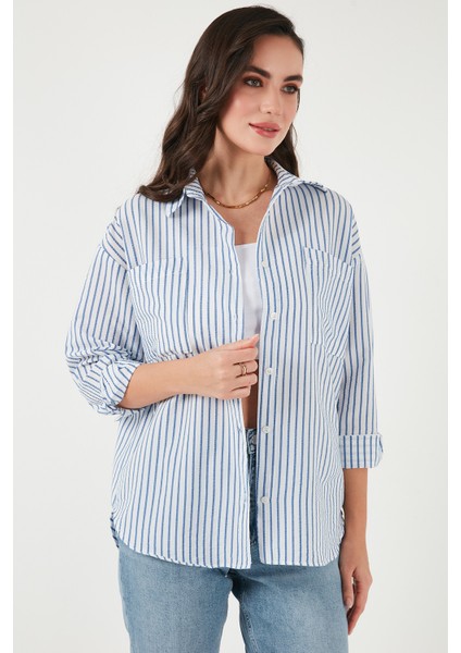Regular Fit Uzun Kollu Çizgili Gömlek Bayan Gömlek 6772875