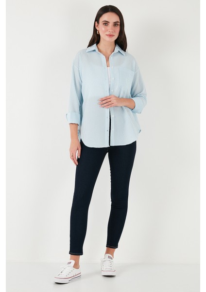 Regular Fit Uzun Kollu Cepli Çizgili Gömlek Bayan Gömlek 6772895 modelleri
