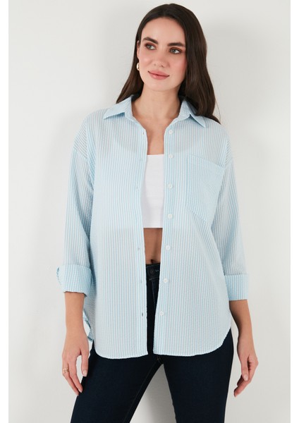 Regular Fit Uzun Kollu Cepli Çizgili Gömlek Bayan Gömlek 6772895 fırsatları