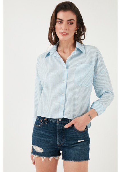 Regular Fit Çizgili Göğüs Cepli Dokulu Gömlek Bayan Gömlek 6772870