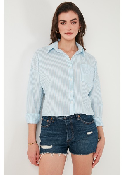 Regular Fit Çizgili Göğüs Cepli Dokulu Gömlek Bayan Gömlek 6772870