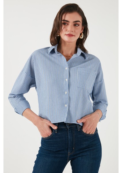 Regular Fit Çizgili Göğüs Cepli Dokulu Gömlek Bayan Gömlek 6772870