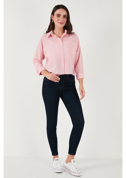 Regular Fit Çizgili Göğüs Cepli Dokulu Gömlek Bayan Gömlek 6772870