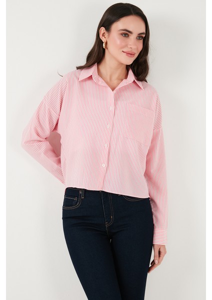 Regular Fit Çizgili Göğüs Cepli Dokulu Gömlek Bayan Gömlek 6772870