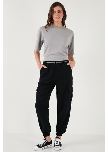 Pamuklu Standart Fit Normal Bel Lastikli Paça Kemerli Jogger Pantolon Bayan Pantolon 668YP5045