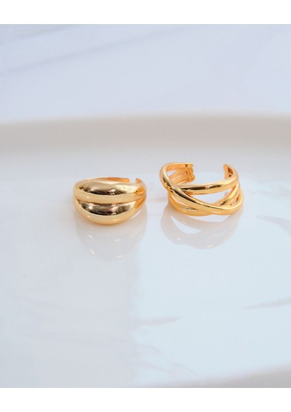 2'li Gold Renk Çapraz Sarmal ve Çift Bombeli Ayarlanabilir Yüzük Seti