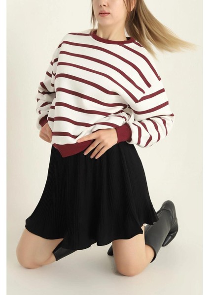 Kadın Cool Oversize Kalıp Bisiklet Yaka Kalın Basic Üç Iplik Içi Şardonlu Çizgili Sweatshirt