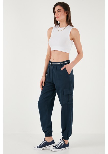 Pamuklu Standart Fit Normal Bel Lastikli Paça Kemerli Jogger Pantolon Bayan Pantolon 668YP5045