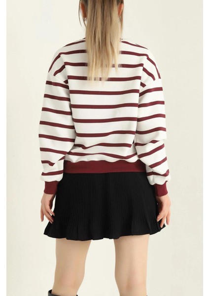 Kadın Cool Oversize Kalıp Bisiklet Yaka Kalın Basic Üç Iplik Içi Şardonlu Çizgili Sweatshirt fiyatları