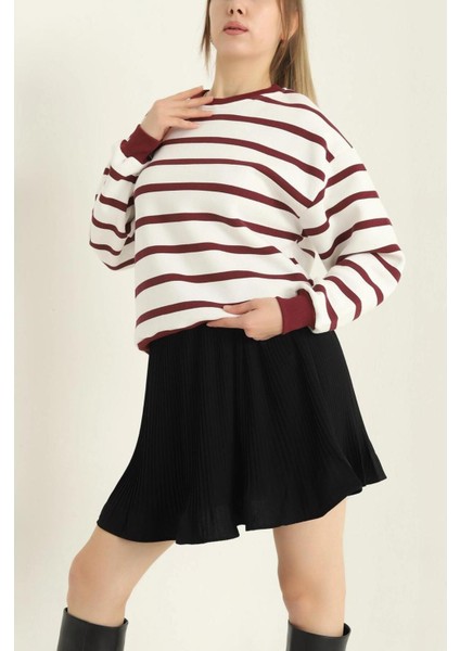 Kadın Cool Oversize Kalıp Bisiklet Yaka Kalın Basic Üç Iplik Içi Şardonlu Çizgili Sweatshirt modelleri