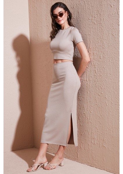 Slim Fit Yırtmaç Detaylı Uzun Etekli Crop Takım Bayan Takım 5866148