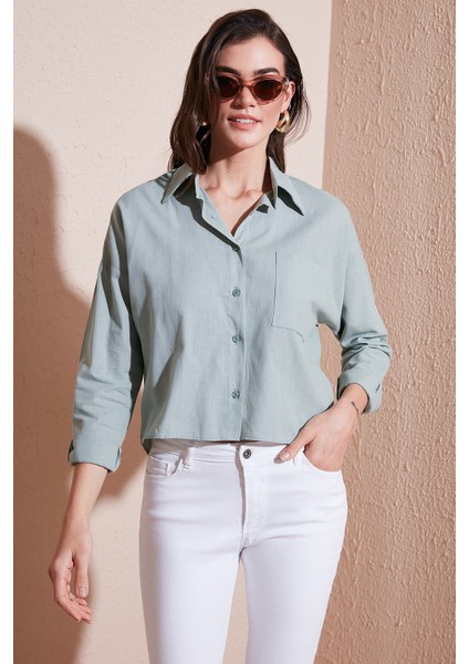 Pamuk ve Keten Karışımlı Regular Fit Önü Kısa Arkası Uzun Gömlek Bayan Gömlek 6772867 modelleri