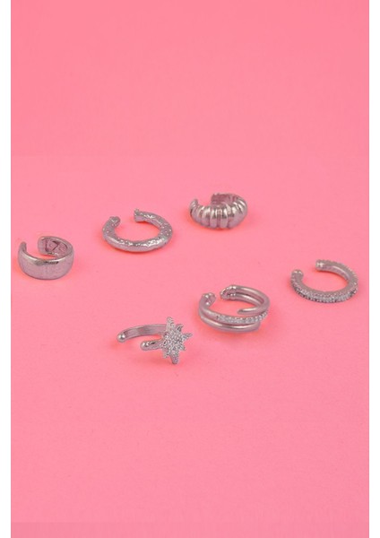 Kadın Gümüş Kaplama 6'lı Earcuff Küpe Seti