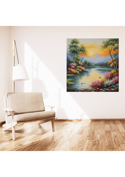 Minimalist Doğa ve Manzara Ağaçlar Dağlar ve Nehir Çerçevesiz Pvc Tablo