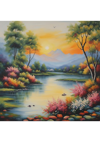 Minimalist Doğa ve Manzara Ağaçlar Dağlar ve Nehir Çerçevesiz Pvc Tablo fiyatları