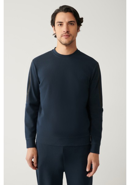 Erkek Lacivert Bisiklet Yaka İnterlok Baskılı Regular Fit Sweatshirt A41Y1203