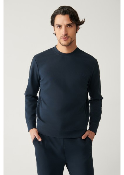 Erkek Lacivert Bisiklet Yaka İnterlok Baskılı Regular Fit Sweatshirt A41Y1203 modelleri
