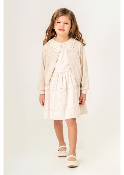 Triko Hırkalı Fisto Yakalı Kız Çocuk Pamuk elbise takım - Bej