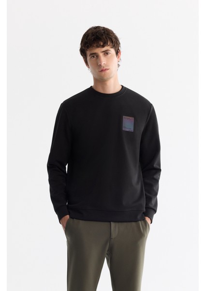 Erkek Siyah Bisiklet Yaka Pamuklu Baskılı Elastan Sweatshirt A42Y1286