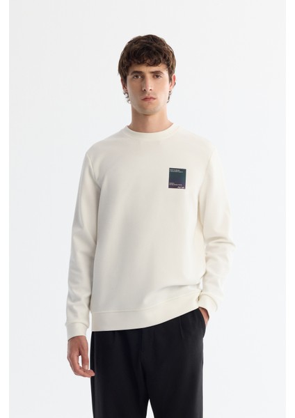 Erkek Ekru Bisiklet Yaka Pamuklu Baskılı Elastan Sweatshirt A42y1286