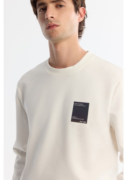 Erkek Ekru Bisiklet Yaka Pamuklu Baskılı Elastan Sweatshirt A42y1286