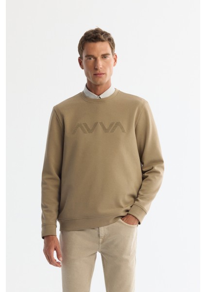 Erkek Vizon Bisiklet Yaka Pamuklu Baskılı Elastan Sweatshirt A42Y1227