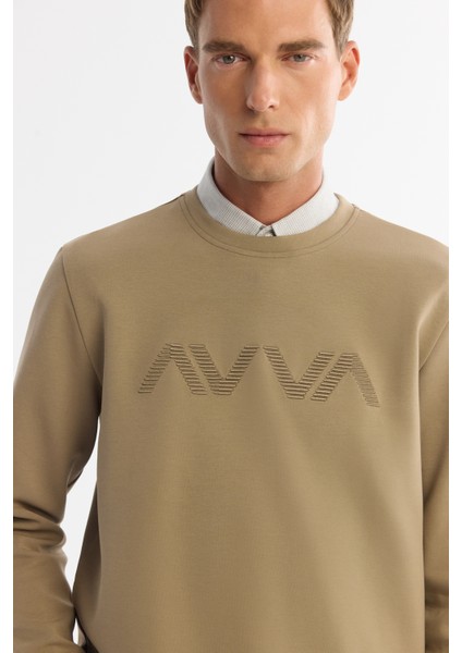 Erkek Vizon Bisiklet Yaka Pamuklu Baskılı Elastan Sweatshirt A42Y1227