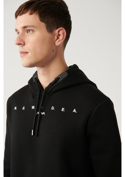 Erkek Siyah Şardonlu Kumaş 3 Iplik Kapüşonlu Nakışlı Sweatshirt A32y1393