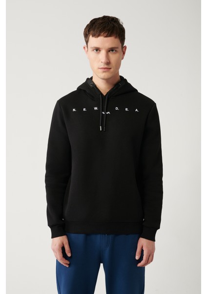 Erkek Siyah Şardonlu Kumaş 3 Iplik Kapüşonlu Nakışlı Sweatshirt A32y1393
