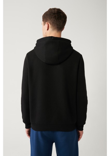 Erkek Siyah Şardonlu Kumaş 3 Iplik Kapüşonlu Nakışlı Sweatshirt A32y1393