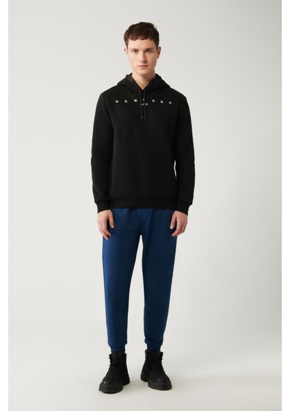 Erkek Siyah Şardonlu Kumaş 3 Iplik Kapüşonlu Nakışlı Sweatshirt A32y1393