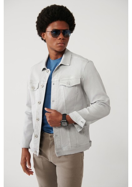 Erkek Gri Klasik Yaka Garment Dyed Cepli Denim Ceket A41Y6020