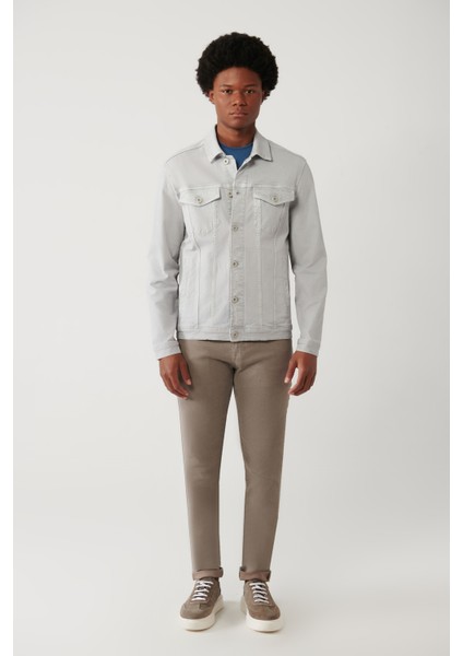 Erkek Gri Klasik Yaka Garment Dyed Cepli Denim Ceket A41Y6020