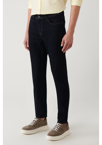 Erkek Lacivert Jean Pantolon Rinse Yıkamalı Tütün Dikişli Esnek Slim Fit A41y3511 modelleri