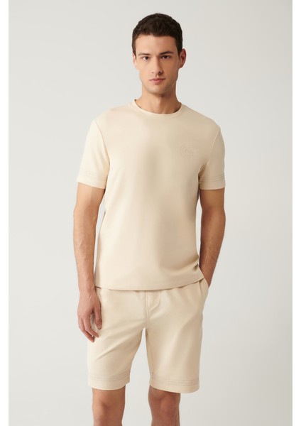 Erkek Bej Bisiklet Yaka Jersey Kumaş Baskılı T-shirt A41y1107