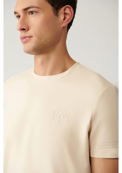 Erkek Bej Bisiklet Yaka Jersey Kumaş Baskılı T-shirt A41y1107
