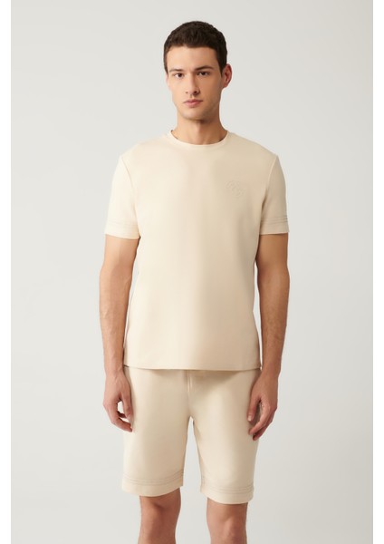 Erkek Bej Bisiklet Yaka Jersey Kumaş Baskılı T-shirt A41y1107