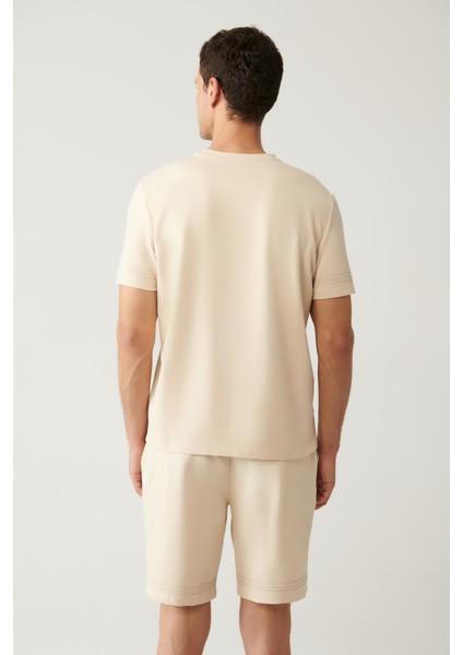 Erkek Bej Bisiklet Yaka Jersey Kumaş Baskılı T-shirt A41y1107