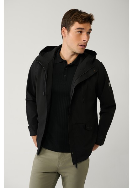Erkek Siyah Kapüşon Yaka Reglan Kollu Su Itici Ince Mont A41y6036