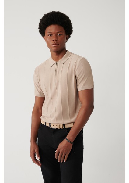 Erkek Vizon Fermuarlı Rayon Fitil Örgülü Polo Yaka Triko T-shirt A41y5073