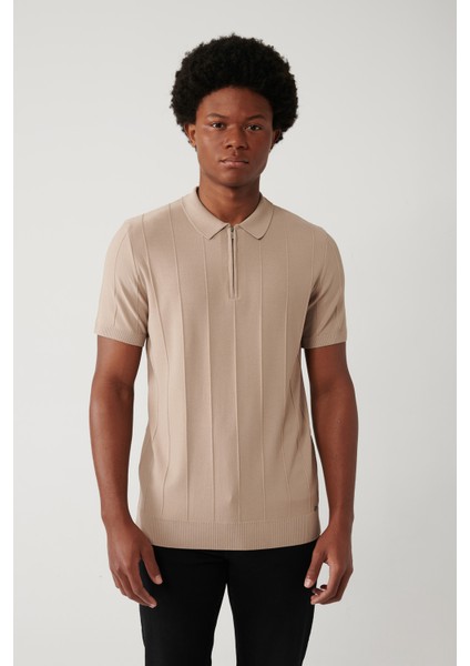 Erkek Vizon Fermuarlı Rayon Fitil Örgülü Polo Yaka Triko T-shirt A41y5073