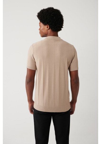 Erkek Vizon Fermuarlı Rayon Fitil Örgülü Polo Yaka Triko T-shirt A41y5073