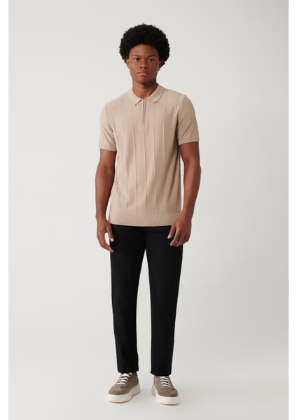 Erkek Vizon Fermuarlı Rayon Fitil Örgülü Polo Yaka Triko T-shirt A41y5073