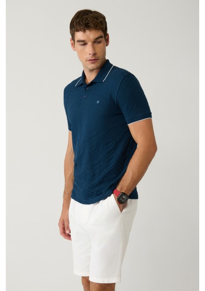 Erkek Lacivert %100 Pamuk 3 Düğmeli Jakarlı Polo Yaka T-Shirt A41Y1147 modelleri