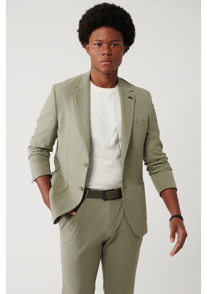 Erkek Açık Haki Yırtmaçlı Astarsız Way Stretch Lightweight Comfort Slim Fit Ceket A41Y4003