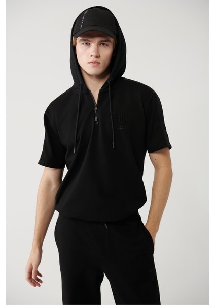 Erkek Siyah Kapüşonlu Jersey Garnili T-shirt A41y1233