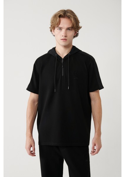 Erkek Siyah Kapüşonlu Jersey Garnili T-shirt A41y1233